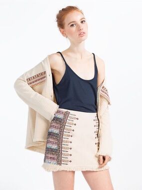 Zara Beige Zara Trafaluc Collection Fringe Embroidered Skirt